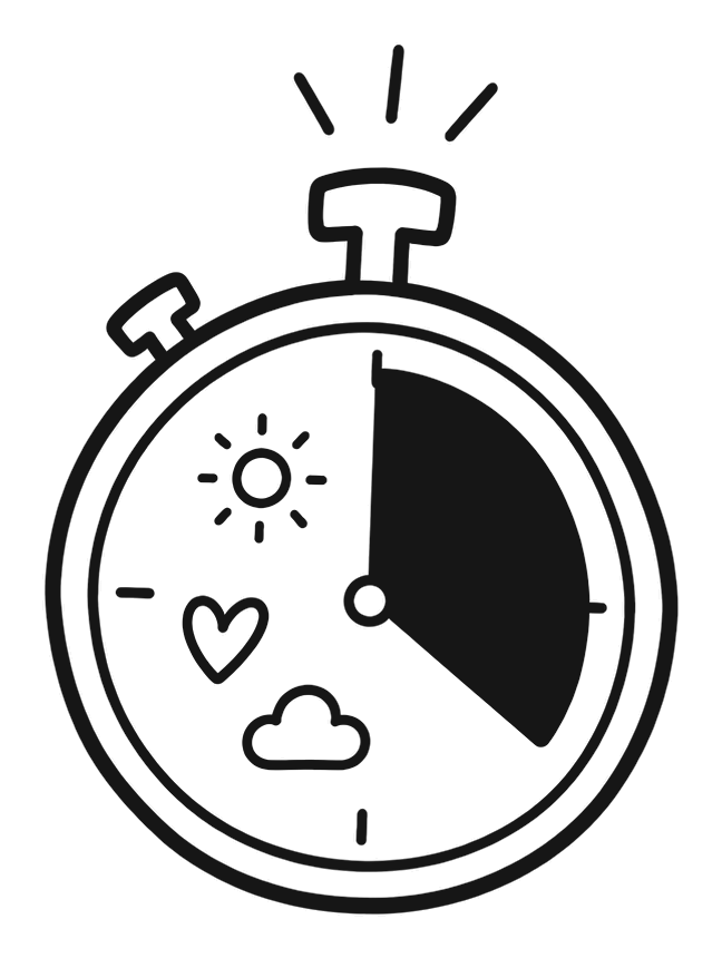 A hand-drawn stopwatch with a sun, a heart and a cloud on its face