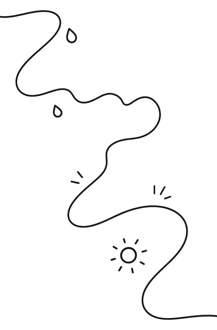 A winding line passing drops and a sun, like a path that keeps changing direction