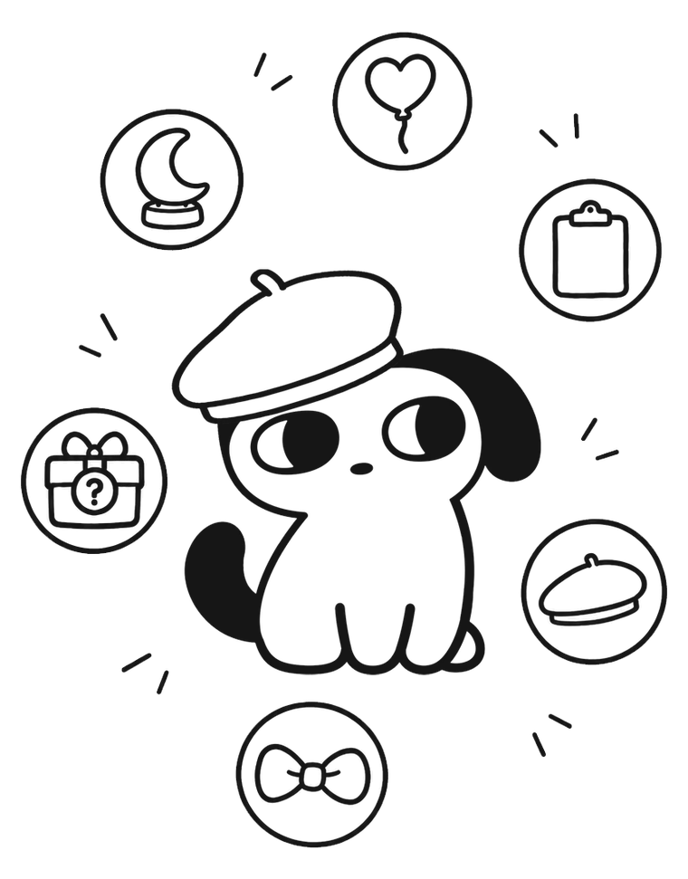 Coggy in a beret, surrounded by badges: a balloon, a clipboard, a moon, a gift and a bow