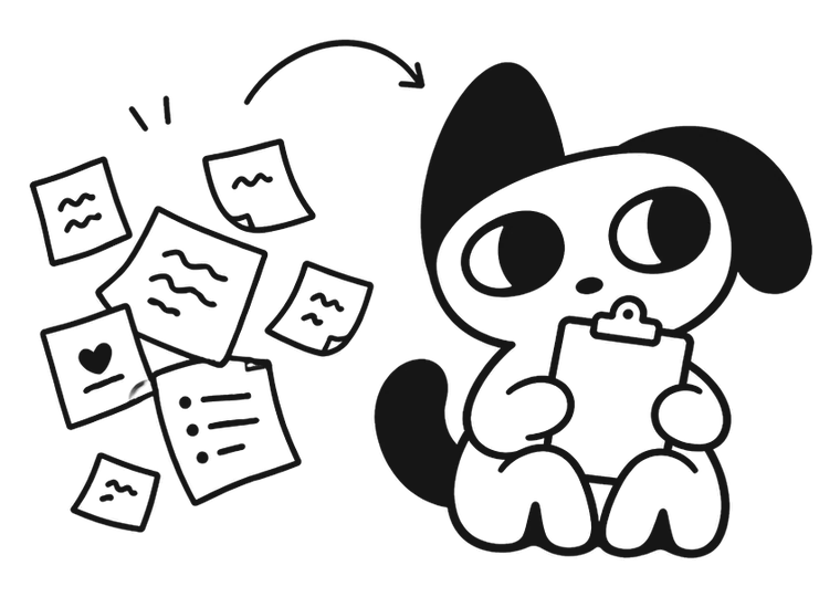 Coggy gathering scattered notes into one clipboard
